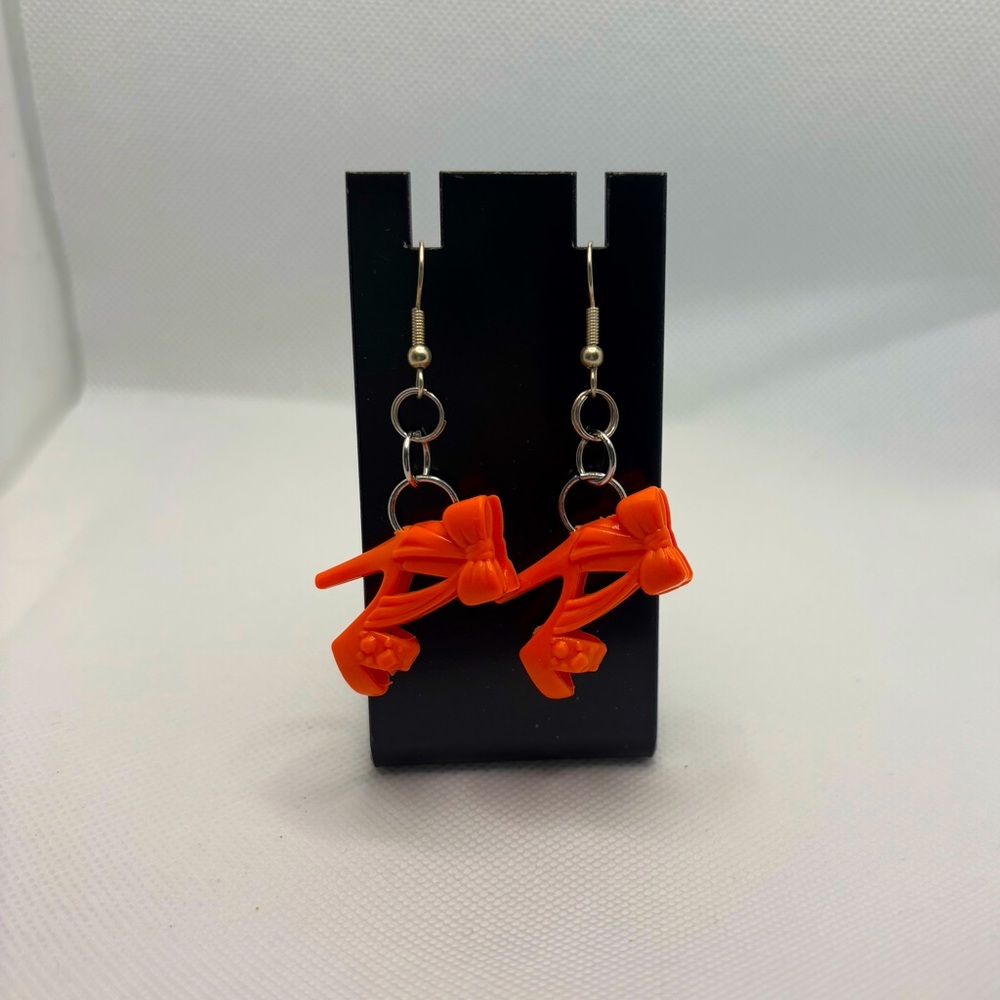Handmade Barbiecore/Barbie orange strappy high heel earrings.